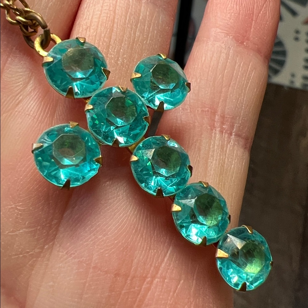 Antique Victorian Religious Aqua Blue Seafoam Paste Gem Gold Gilt Cross Necklace - Picture 4 of 9